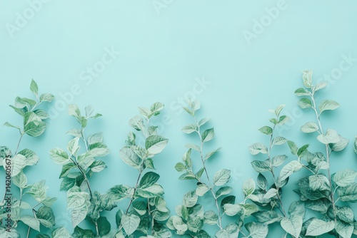 Wallpaper Mural Light teal background adorned with delicate sprigs of pale green leaves. Torontodigital.ca