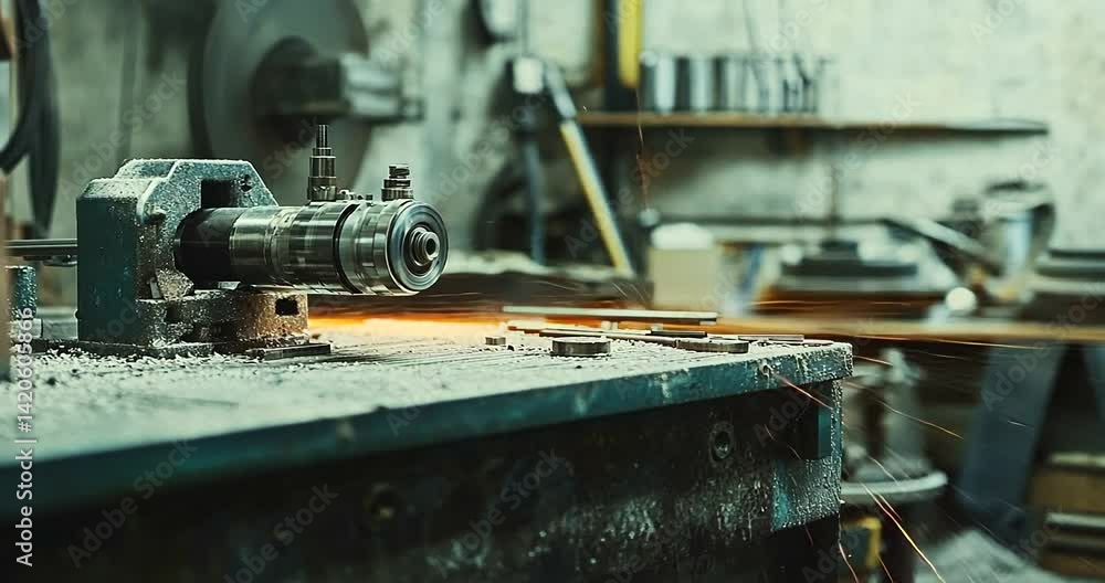 Industrial workshop scene with machinery creating sparks during metalwork Industrial workshop scene with machinery creating sparks during metalwork
