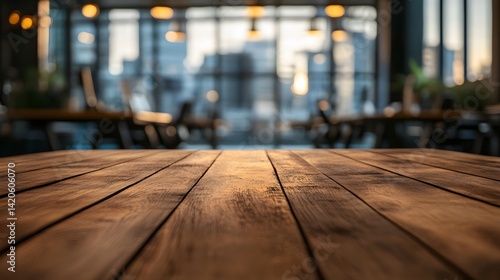 Wooden tabletop mockup modern office with blurred
