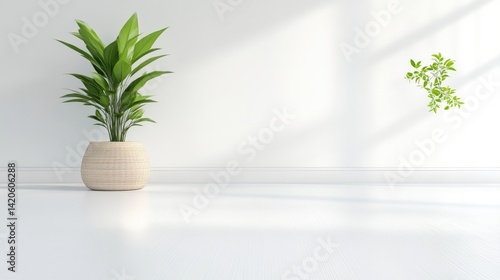 Dracaena Plant in Woven Pot Minimalist Interior Design Bright Lighting Wide Shot Natural Textures Peaceful Scene White Room Bright Greenery Ideal for Home Decor Websites
