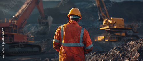 Obraz na płótnie Iron ore worker checking safety equipment at mining site. Featuring safety checks and operational protocol w salonie