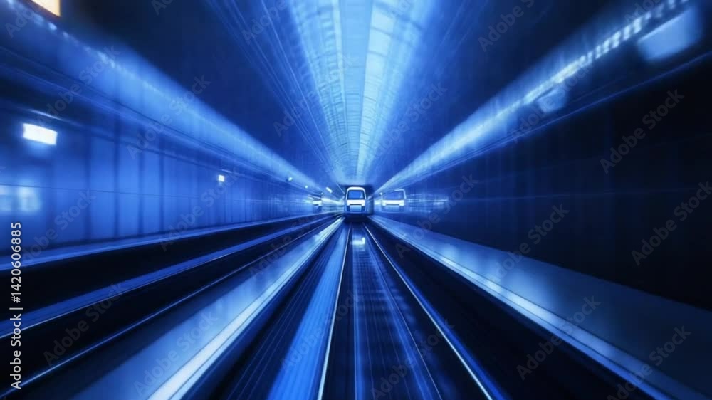 Electric train rushes forward in futuristic subway tunnel motion