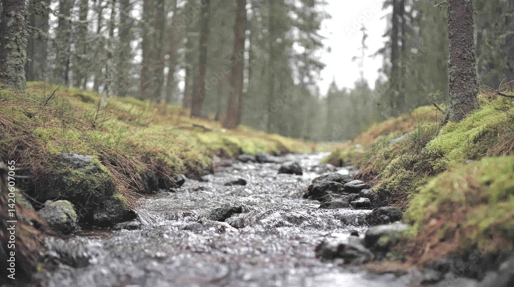Forest Stream in Rainy Weather, Nature Scene Forest Stream in Rainy Weather, Nature Scene
