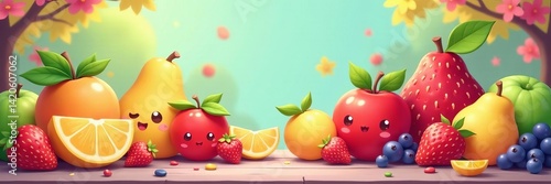 Fruit characters in kawaii anime style, colorful background, fruit, doodles, pattern