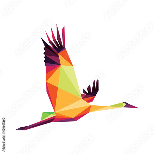 Flying Whooping Crane in Colorful Polygon low poly. Colorful whooping crane logo. Flying whooping crane full color illustration.