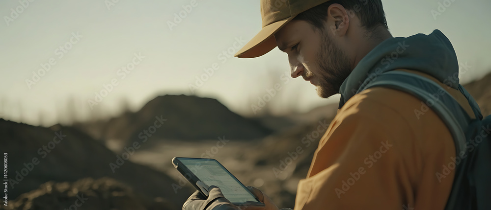 Mining engineer analyzing data from an excavation survey at site. Featuring data analysis and technology