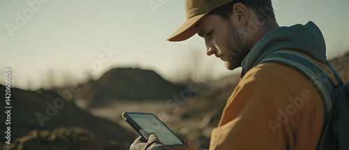 Obraz na płótnie Mining engineer analyzing data from an excavation survey at site. Featuring data analysis and technology w salonie