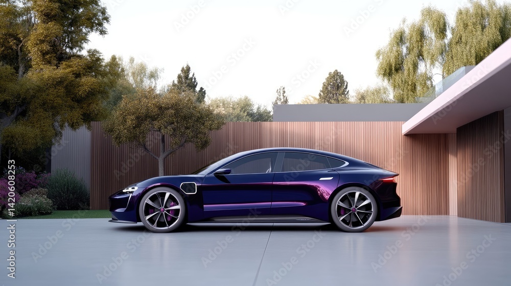 Luxury electric car parked outside modern home