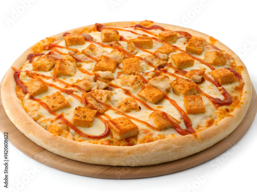 Buffalo Chicken Pizza with Ranch Drizzle and Mozzarella Cheese on Thick Crust – Close-Up Food Shot