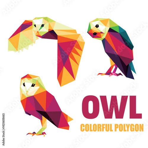 Owl Animal Set in Colorful Abstract. Owl in Colorful  Polygonal low poly. Vector of Owl collection. owl origami vector for kids animal book
