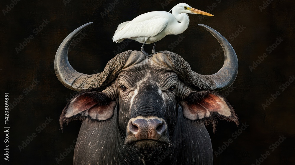 Naklejka premium Cape buffalo portrait, egret perched, African savanna, wildlife photography, nature