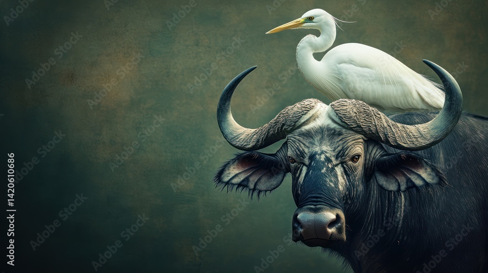 Cape buffalo, egret, savannah, wildlife, animal portrait, nature, Africa, stock photo Cape buffalo, egret, savannah, wildlife, animal portrait, nature, Africa, stock photo