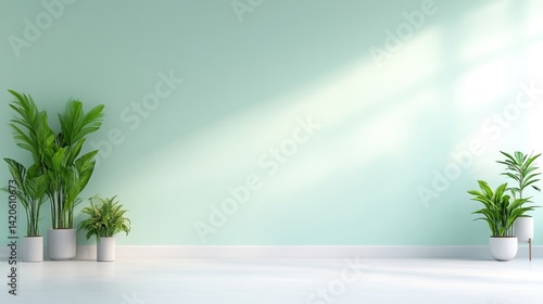 Minimalist, light-filled interior space with lush greenery