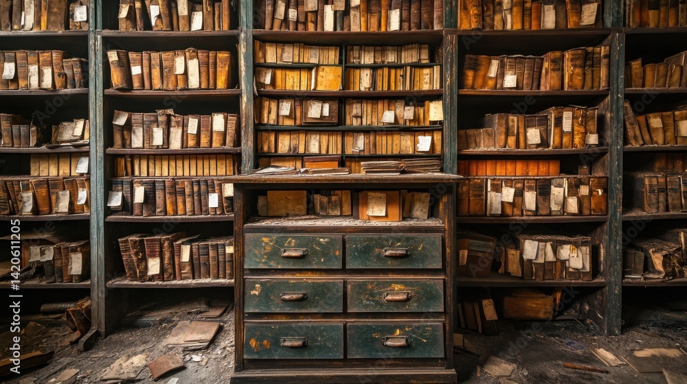 Old card catalog cabinet beneath towering shelves of dusty books in a classic library setting Old card catalog cabinet beneath towering shelves of dusty books in a classic library setting