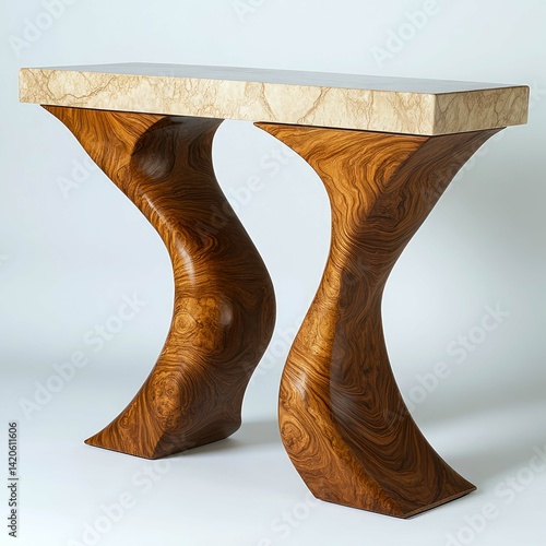 Sculptural Wooden Console Table with Marble Top