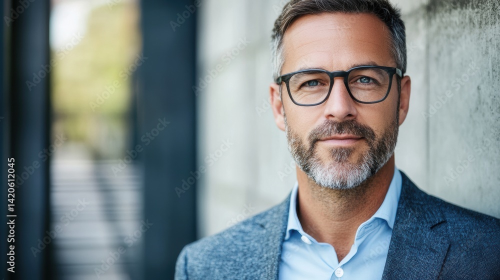 Fototapeta premium Professional man with salt and pepper hair and beard wearing glasses and a blue shirt poses confidently indoors.