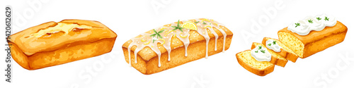 パウンドケーキの水彩風イラストセット ホイップ生クリームのスイーツ 