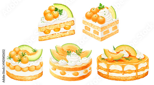 メロンケーキの水彩風イラストセット ホイップ生クリームのスイーツ ショートケーキ/ホールケーキ/飾り切りされたメロンフルーツ