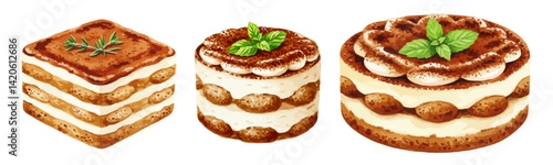 ティラミスケーキのスイーツ水彩風イラストセット ホイップ生クリーム/ミント/チョコレート