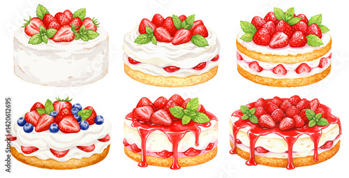 苺とブルーベリーとラズベリーのホールケーキの水彩風イラストセット ホイップ生クリームのスイーツ バースデーショートケーキ