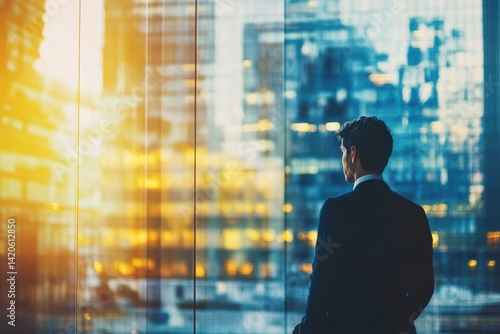 Contemplative executive gazes through modern window at city buildings