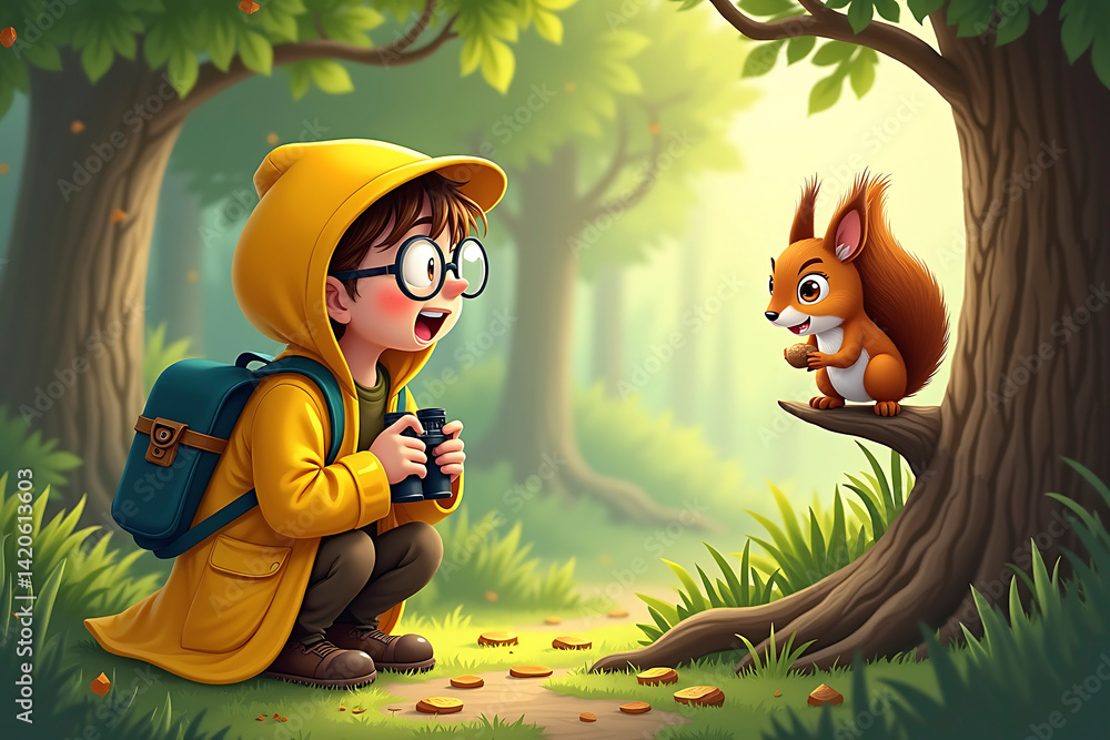 Fototapeta premium Young boy in yellow raincoat observes squirrel in forest setting during sunny afternoon