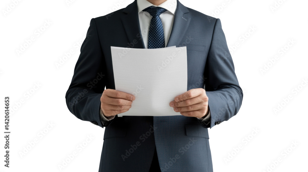 Formal Assessment: A composed figure of authority, enveloped in a tailored suit, diligently reviews a crisp, blank document with a demeanor of careful consideration. Formal Assessment: A composed figure of authority, enveloped in a tailored suit, diligently reviews a crisp, blank document with a demeanor of careful consideration.