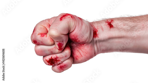 Bloody Fist: A close-up shot of a fist covered in blood, suggesting violence, injury, or struggle. The image is stark and visceral.
