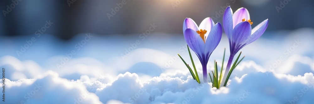 Soft blue crocus flowers blooming in pristine snow with saffron stamen, snow, flowers Soft blue crocus flowers blooming in pristine snow with saffron stamen, snow, flowers