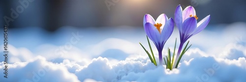 Soft blue crocus flowers blooming in pristine snow with saffron stamen, snow, flowers