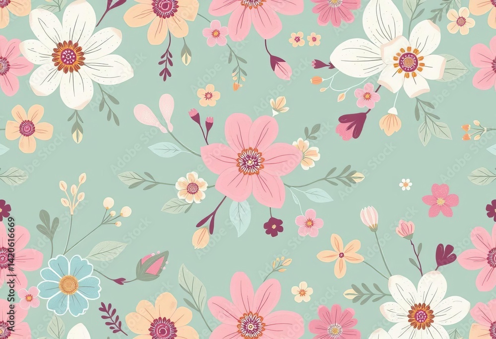 Soft pastel boho floral doodle seamless pattern, whimsical flower designs, nature, element Soft pastel boho floral doodle seamless pattern, whimsical flower designs, nature, element