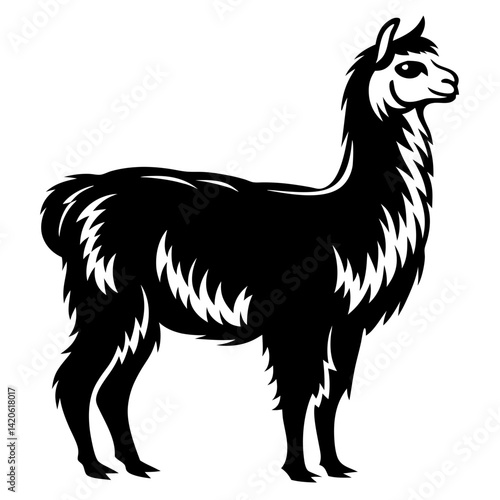 Stylized black and white vector illustration of a llama standing sideways