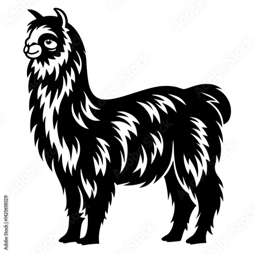 Black and White Silhouette of a Fluffy Llama Standing Tall and Proud