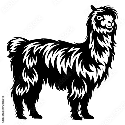 Stylized black and white vector illustration of a furry llama animal