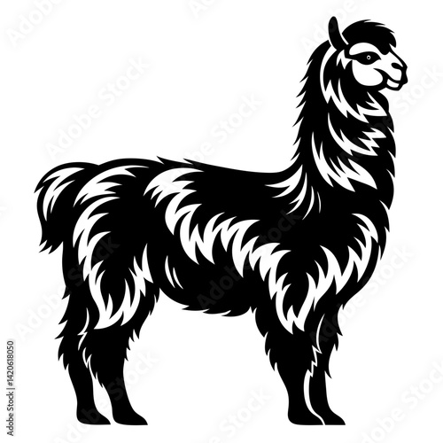 Stylized black and white vector illustration of an alpaca or llama standing
