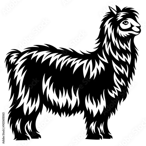 Stylized black and white llama illustration with detailed fur texture vector
