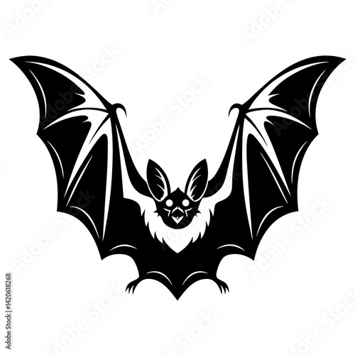 Stylish Black Bat Illustration with Spreading Wings on a White Background