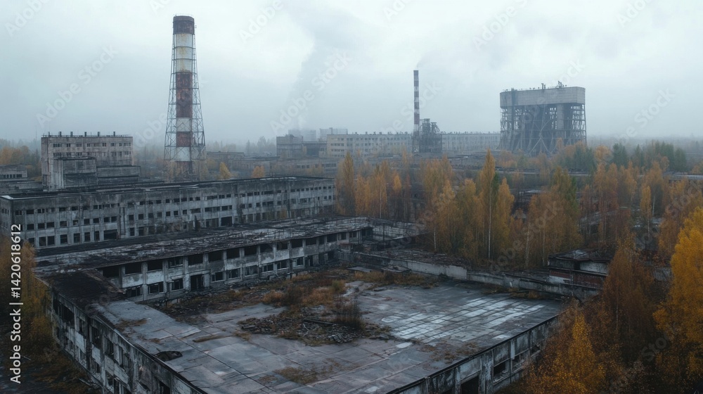 Fototapeta premium Foggy Industrial Complex: Abandoned Buildings, Chimneys, and Autumn Trees in a Desolate Landscape