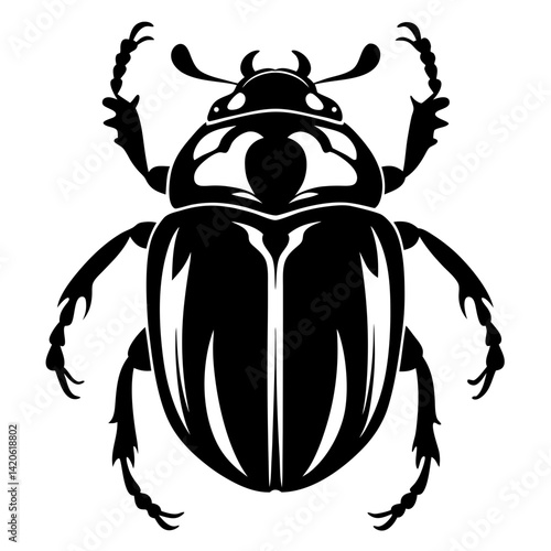 Stylized black scarab beetle with detailed legs and pincers on white backdrop