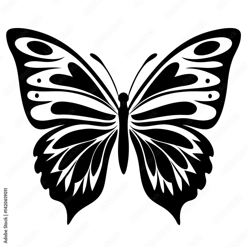 Elaborate black and white butterfly silhouette with intricate patterns and shapes Elaborate black and white butterfly silhouette with intricate patterns and shapes