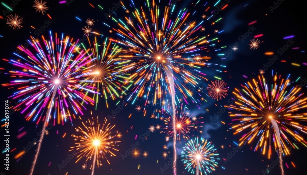 Fototapeta premium Vibrant bursts of colorful lights explode in the night sky, illuminating the darkness with their dazzling display of sparkles and patterns.