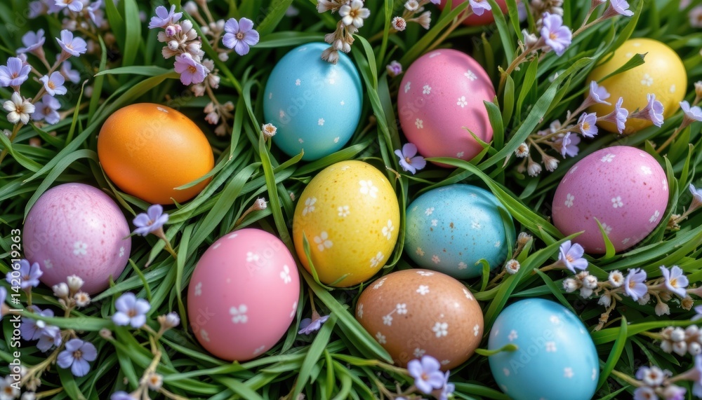 A whimsical display of Easter eggs nestled among a bed of fresh green grass, interspersed with fragrant sprigs of lavender and baby's breath. A whimsical display of Easter eggs nestled among a bed of fresh green grass, interspersed with fragrant sprigs of lavender and baby's breath.