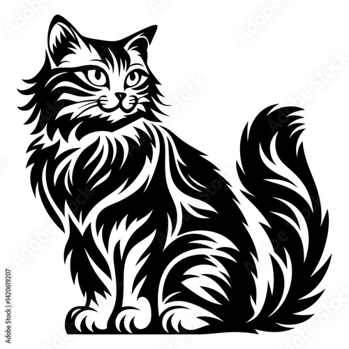 Elegant black and white vector illustration of a stylized long haired cat