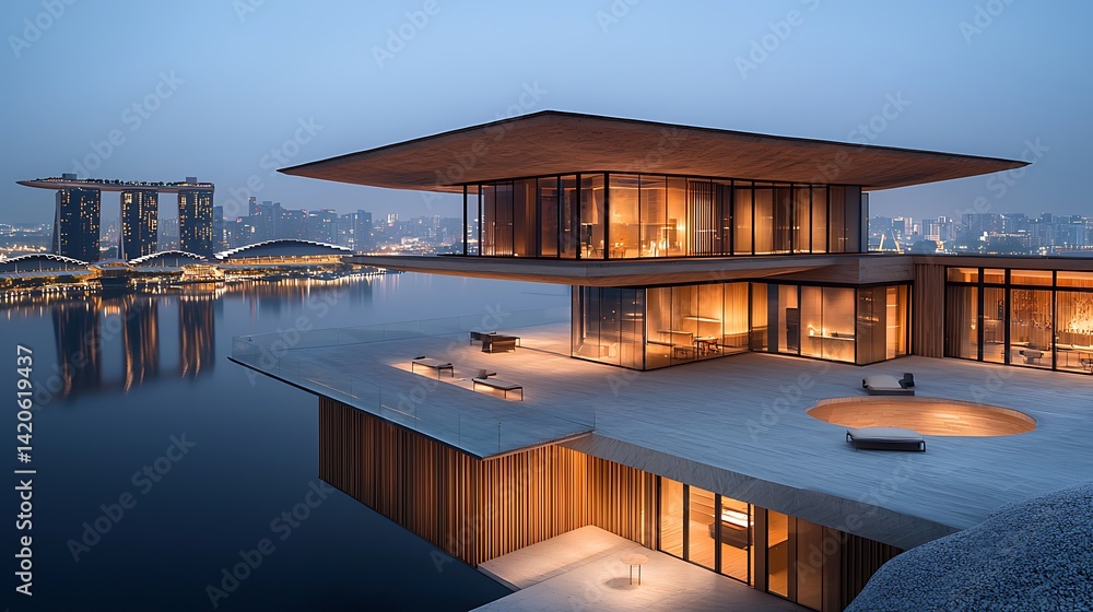 Fototapeta premium Luxurious waterfront modern house, panoramic views, lights on, calm water, cityscape