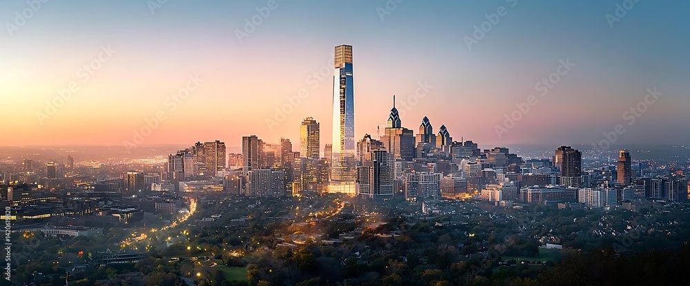 Fototapeta premium Cityscape at dawn towering skyscraper dominates, bathed in golden light over urban sprawl
