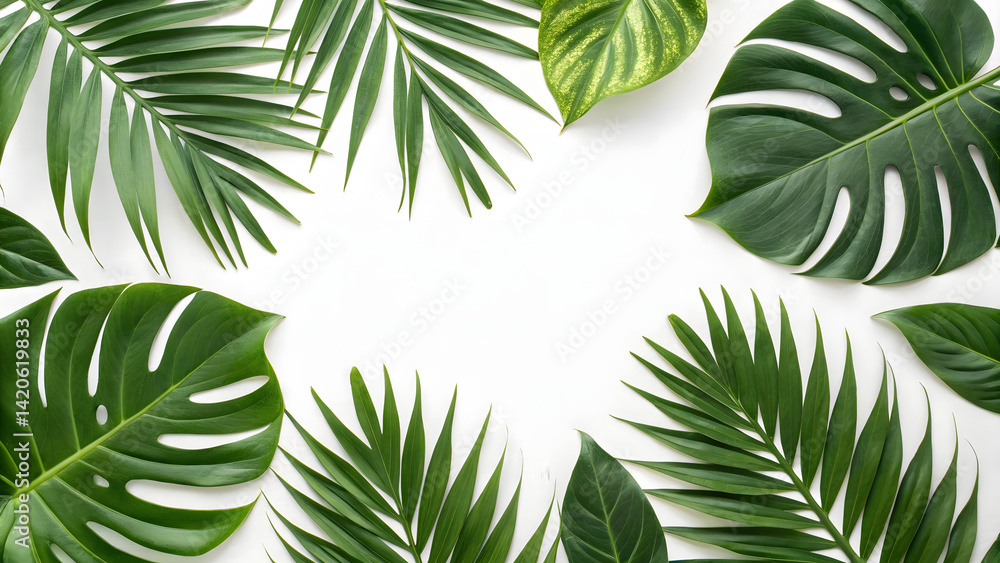 Vibrant tropical leaves arranged in circular fashion on white background create fresh and lively atmosphere Vibrant tropical leaves arranged in circular fashion on white background create fresh and lively atmosphere