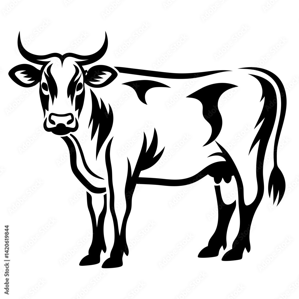 Stylized black and white cow illustration on a white background with horns Stylized black and white cow illustration on a white background with horns