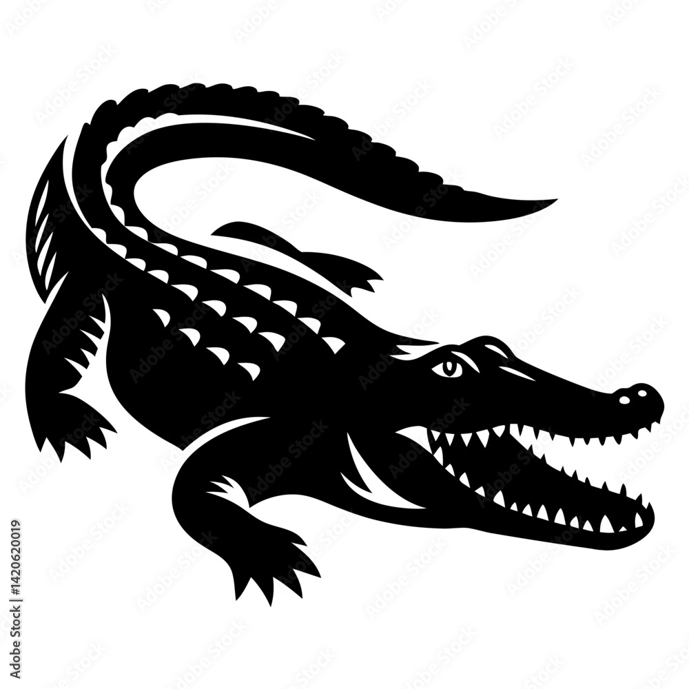 Naklejka premium Black and white stylized alligator with an open mouth and sharp teeth