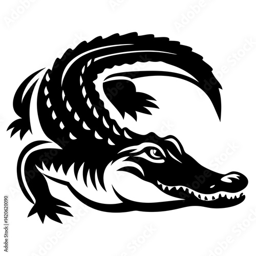 Stylized black and white alligator with a fierce expression and detailed scales