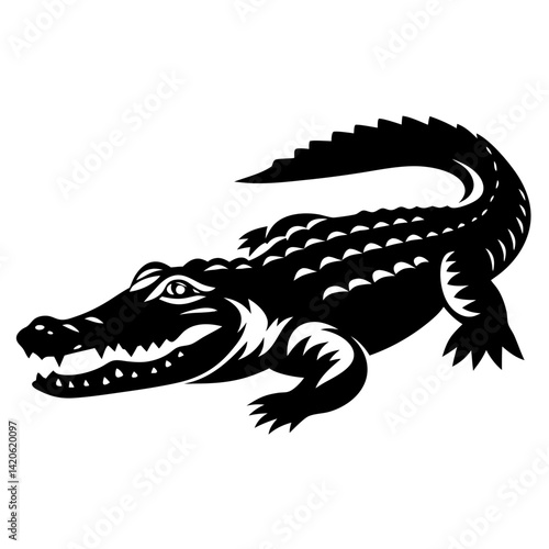 Black and white drawing of a stylized alligator lurking in the waters